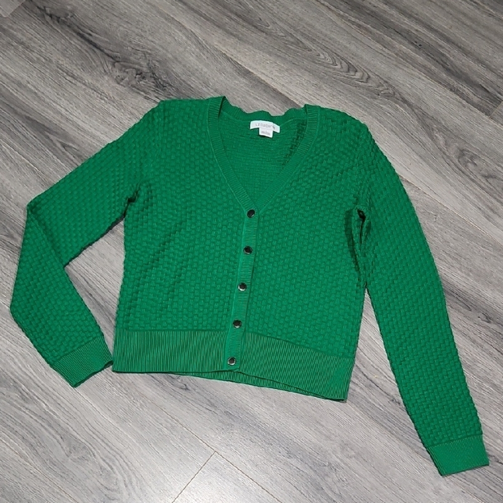EUC Kelly Green Basket Weave Liz Claiborne Cotton Cardigan Sweater